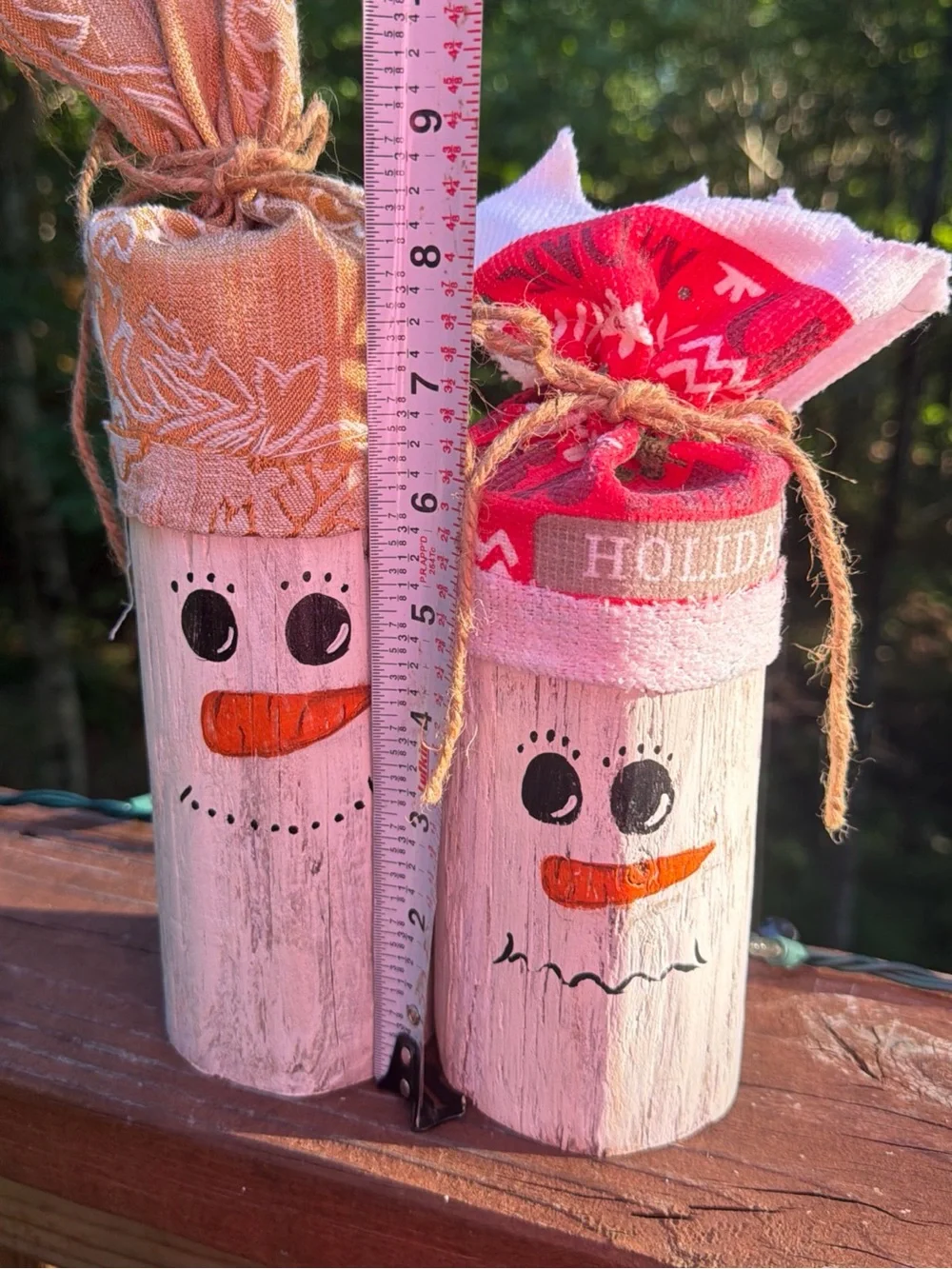 2 Handmade Holiday Snowman Wooden Decor - Red & Tan Fabric Hats